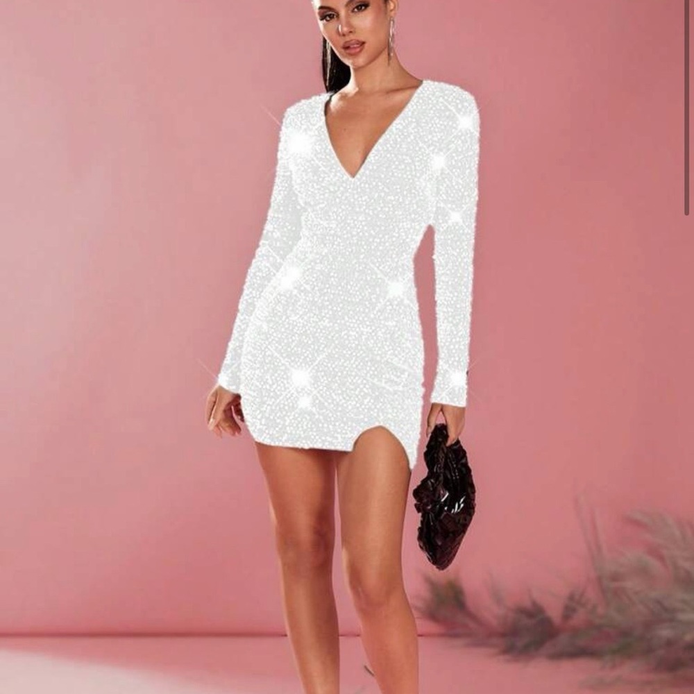 SHEIN White Long-Sleeve V-Neck Sparkle Mini Dress